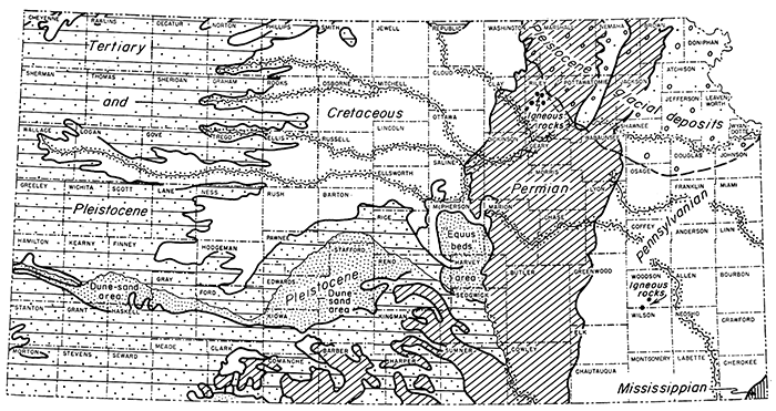 Black and white generalized geologic map of Kansas