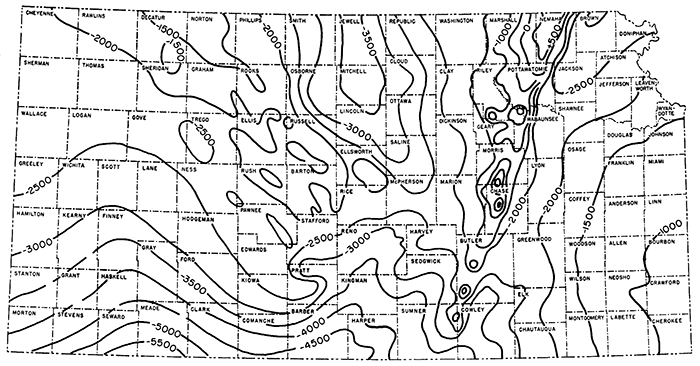 Contour map showing relief of Precambrian surface in Kansas.