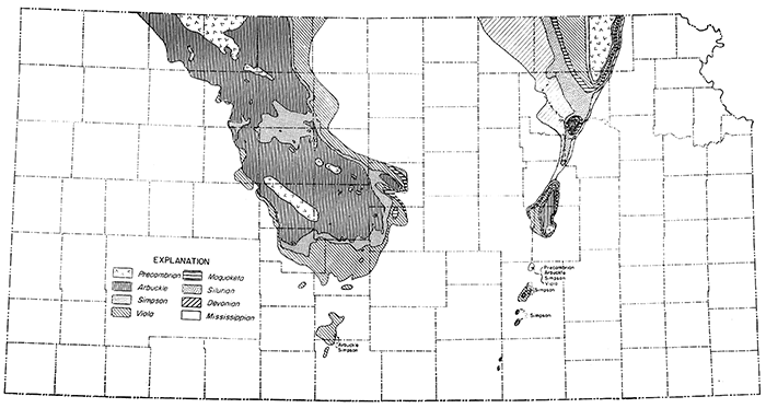 Distribution of rocks on surface below Pennsylvanian beds.