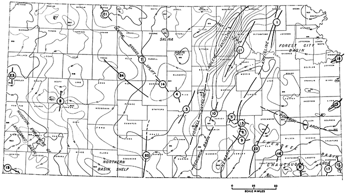 Gravity map of Kansas with structures numbered.