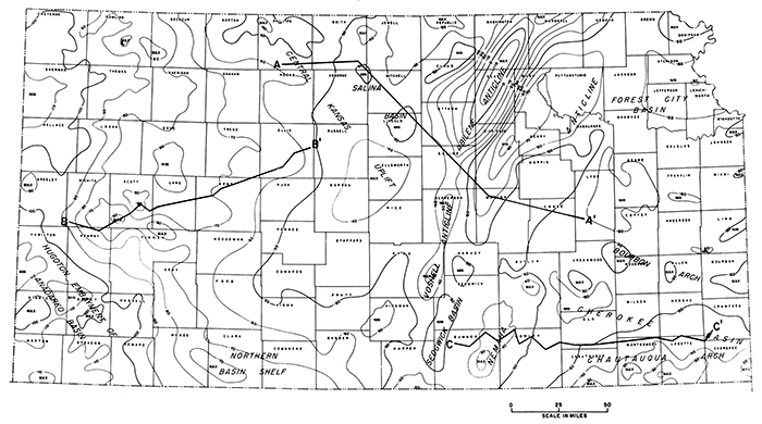 Gravity map of Kansas with locations of profiles shown.