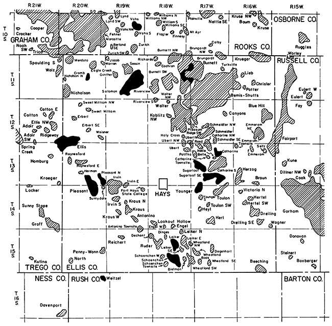 Map of Ellis County showing all oil fields and highlighting those discovered with seismic program.