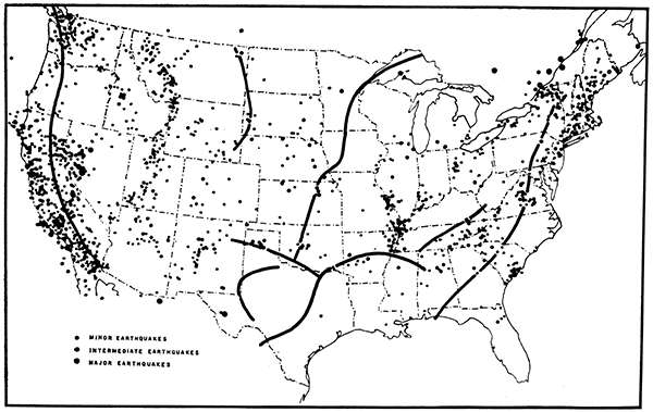 Earthquakes plotted on a map of the US along with locations of gravity anomalies.