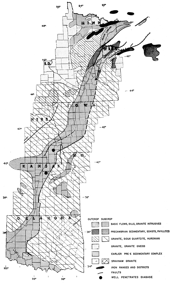 Rock types found in basement mapped from Oklahoma to Minnesota.