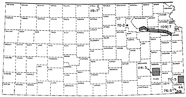 Map of Kansas showing areas where the state has done geophysical work.