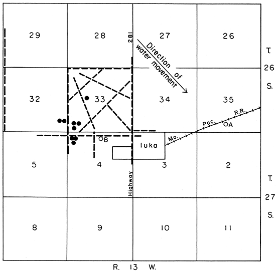 Map showing Iuka area, well field to NW of city.