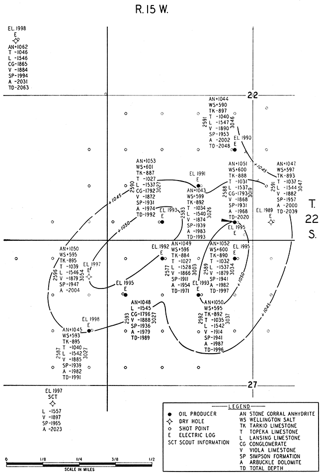 Structure map of Stone Corral anhydrite based on electric log tops.