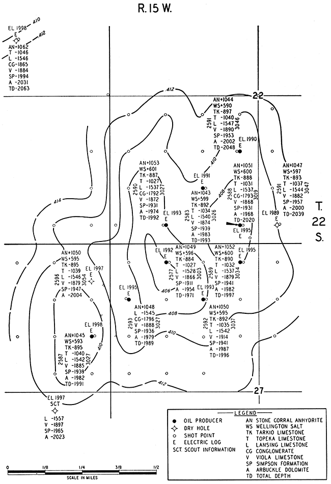 Seismic time interval map between Stone Corral anhydrite and Lansing limestone.