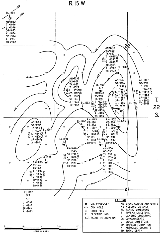 Seismic time interval map between Stone Corral anhydrite and a pre-Pennsylvanian horizon.