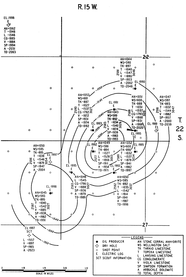 Structure map of Lansing limestone based on electric log tops.