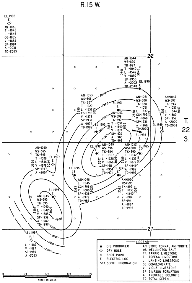 Structure map of Arbuckle dolomite based on electric log tops.