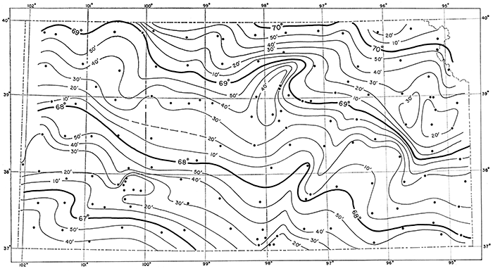 Magnetic iso-inclination map of Kansas.
