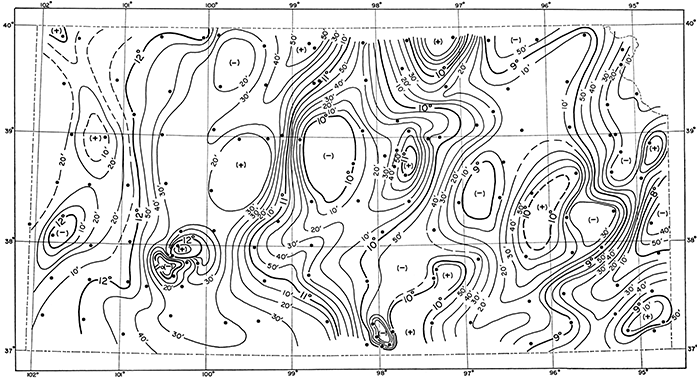 Magnetic iso-declination map of Kansas, east declination.