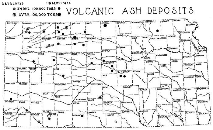 Map of Kansas showing locations of volcanic ash deposits.
