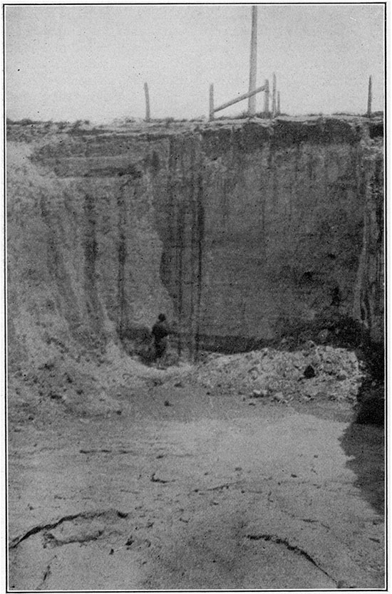 Black and white photo of twenty-foot ash bed near Fowler, Meade County.