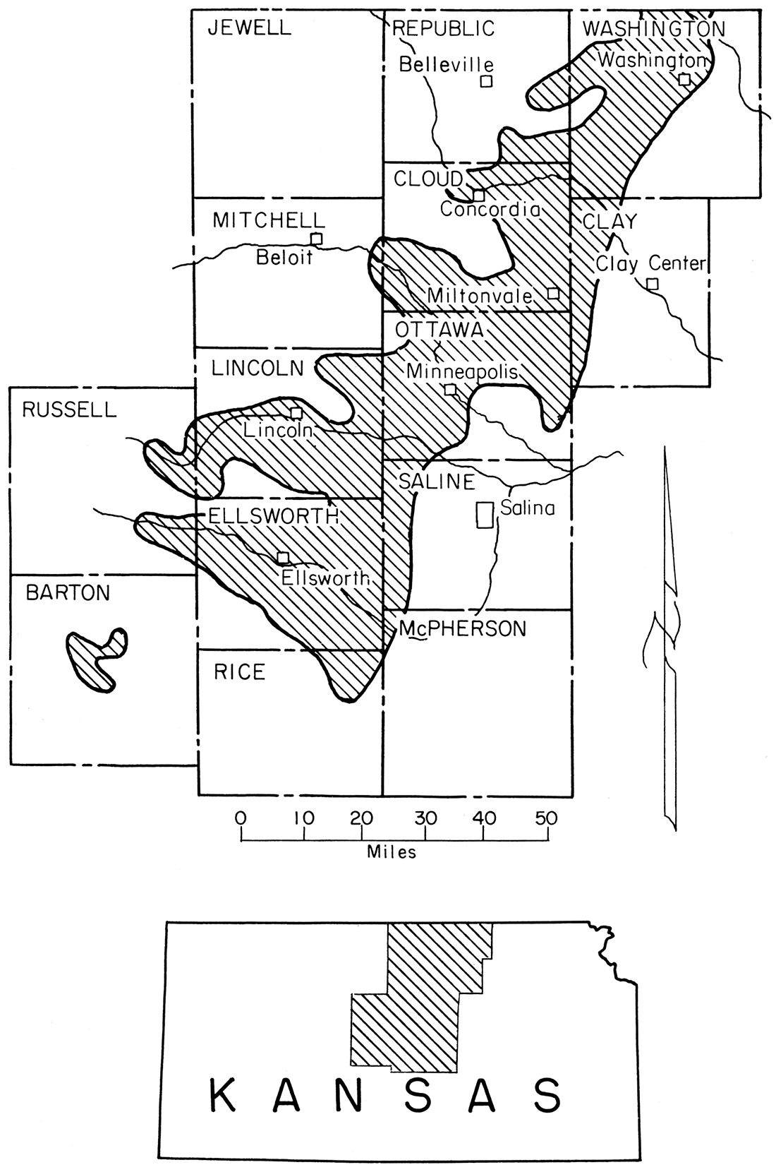 Map showing extent of Dakota Formation, from which clay and silt samples were taken, in Kansas.