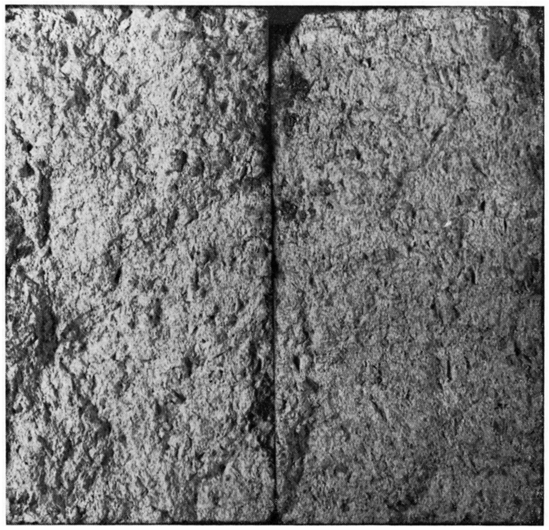 Black and white photo of broken brick L-39-2, medium texture, modulus of rupture 750 psi.