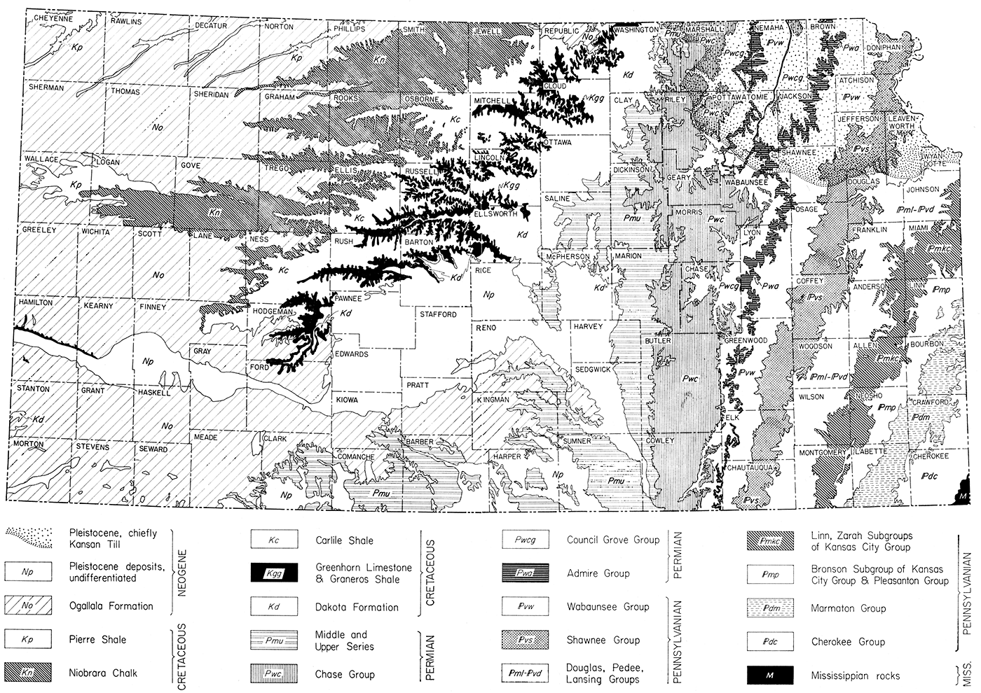 Generalized geologic map of Kansas indicating sources of building stone.