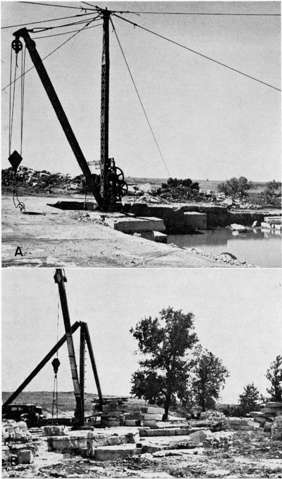 Two black and white photos; top is Fort Riley Limestone, Silverdale Cut Stone Quarry, Cowley County; bottom is Cottonwood Limestone, Lardner Quarry, near Cottonwood Falls, Chase County.