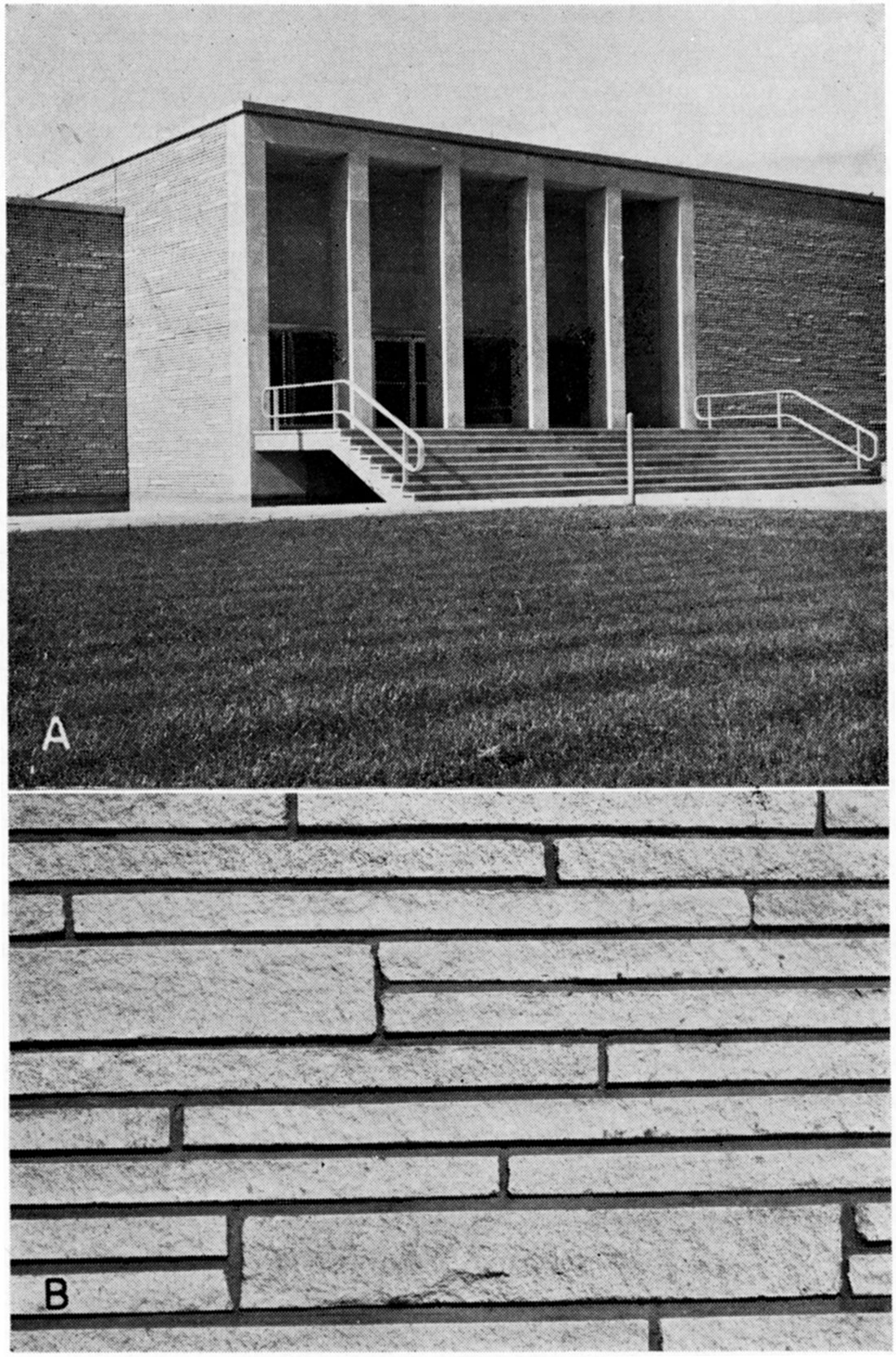 Two black and white photos; top is Funston Limestone, Eisenhower Museum, Abilene, built of limestone in split-face ashlar pattern; bottom is Funston Limestone, split-face ashlar finish on Onaga stone, Eisenhower Museum.