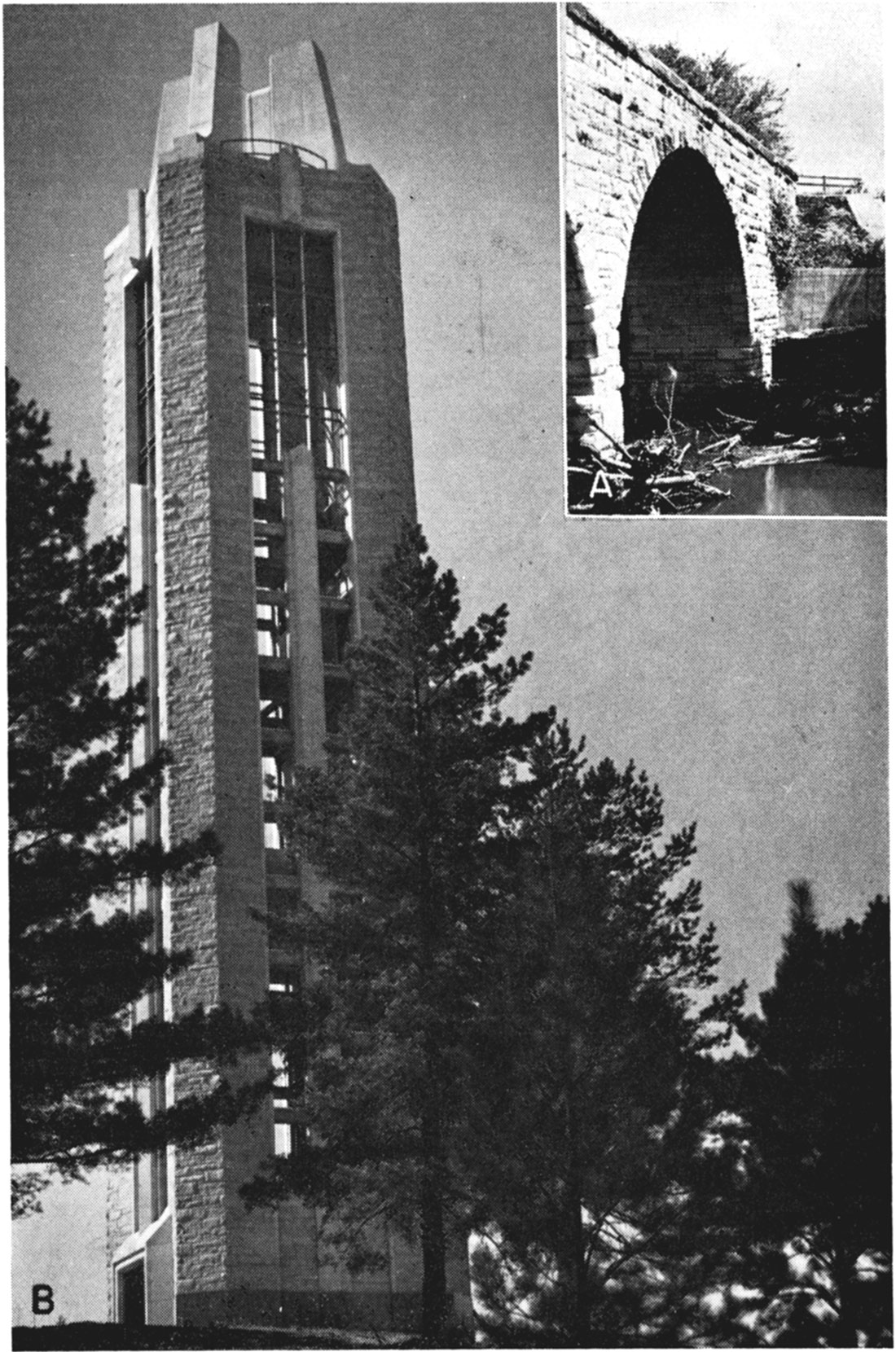 Two black and white photos; inset is Cottonwood Limestone, Bridge built near Clements, Chase County, in 1891; primary is Cottonwood Limestone, Memorial Campanile, The University of Kansas, Lawrence.