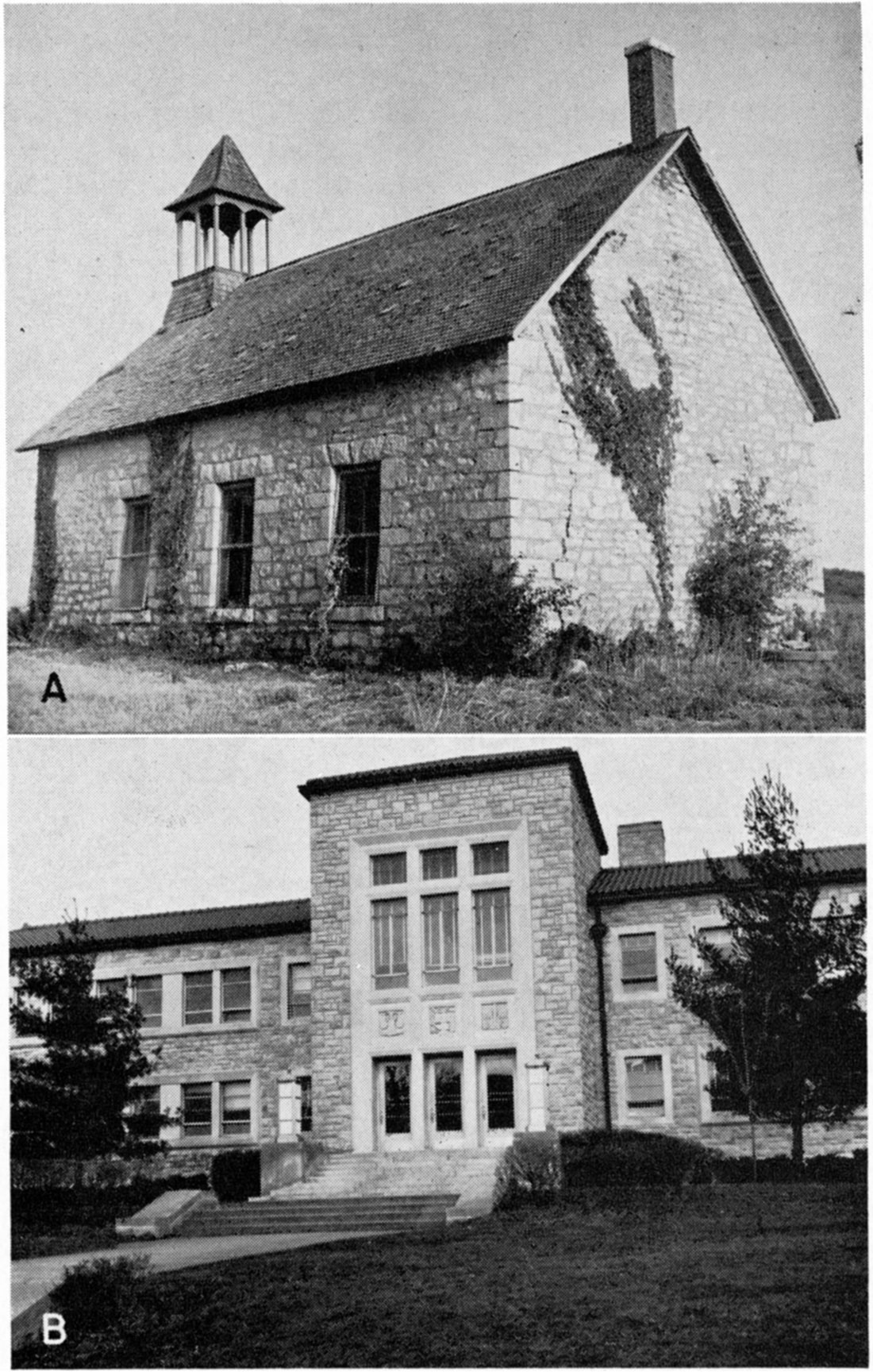 Two black and white photos; top is Rural school in sec. 16, T. 12 S., R 18 E., Douglas County, built of rough Toronto Limestone; bottom is Westerville Limestone (Kansas City oolite), Law Building, University of Kansas City, Missouri.