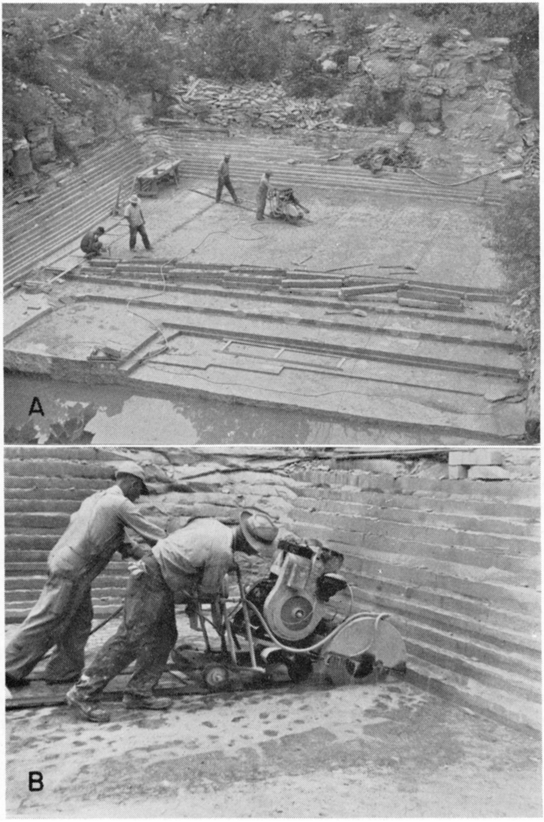 Two black and white photos; top is Bandera Quarry Sandstone, Bandera Stone Quarry operations, Bourbon County; bottom is Bandera Quarry Sandstone, diamond saw cutting rectangular flags.