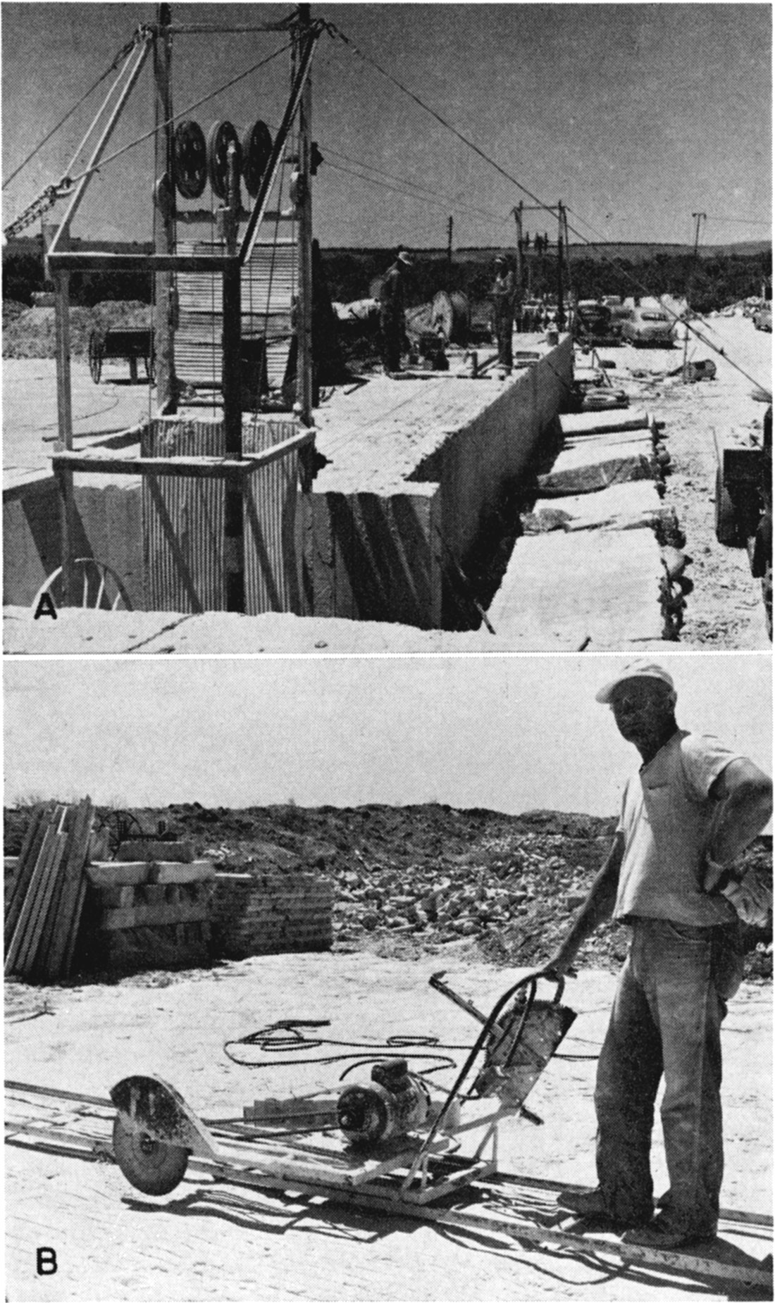 Two black and white photos; top is Fort Riley Limestone, Junction City Stone Company Quarry; bottom is sawing direct-cut strips of shell rock in Simpson Limestone Quarry, near Simpson.