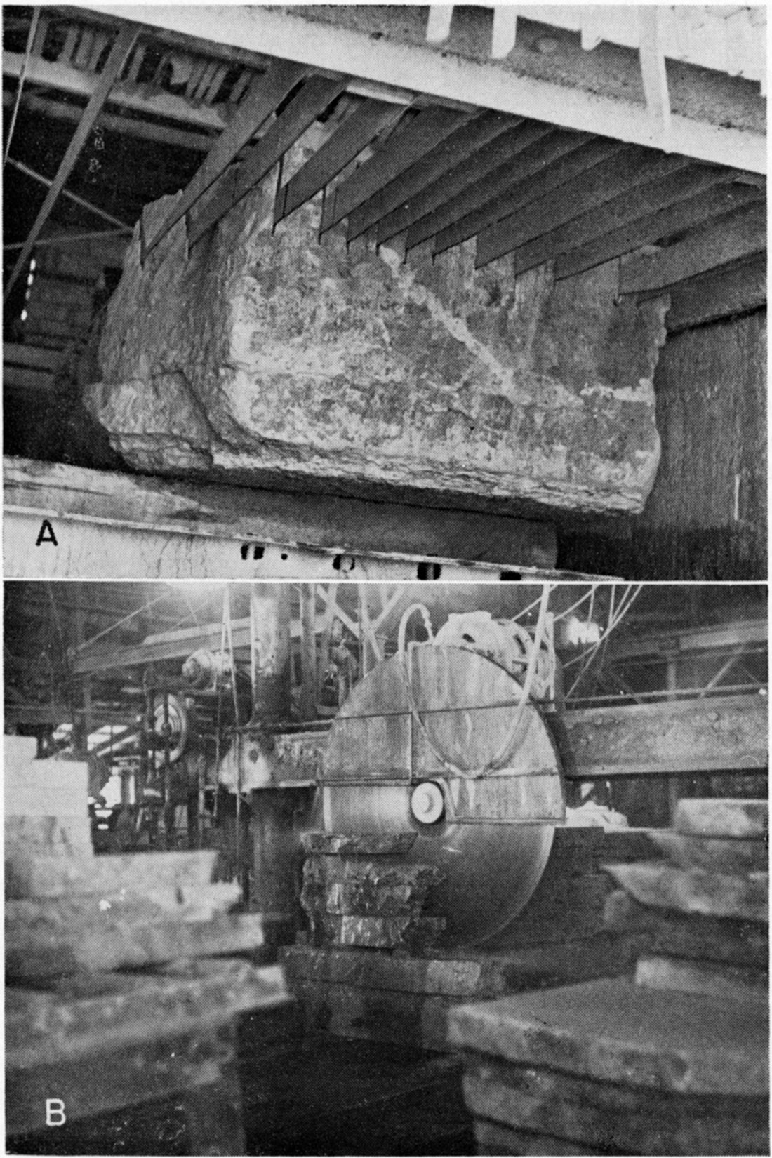 Two black and white photos; top is Fort Riley Limestone, gang saws cutting slabs of stone, Silverdale Limestone Company; bottom is Fort Riley Limestone, circular saw trimming cut slabs of stone, Walker Cut Stone Company plant, Junction City.
