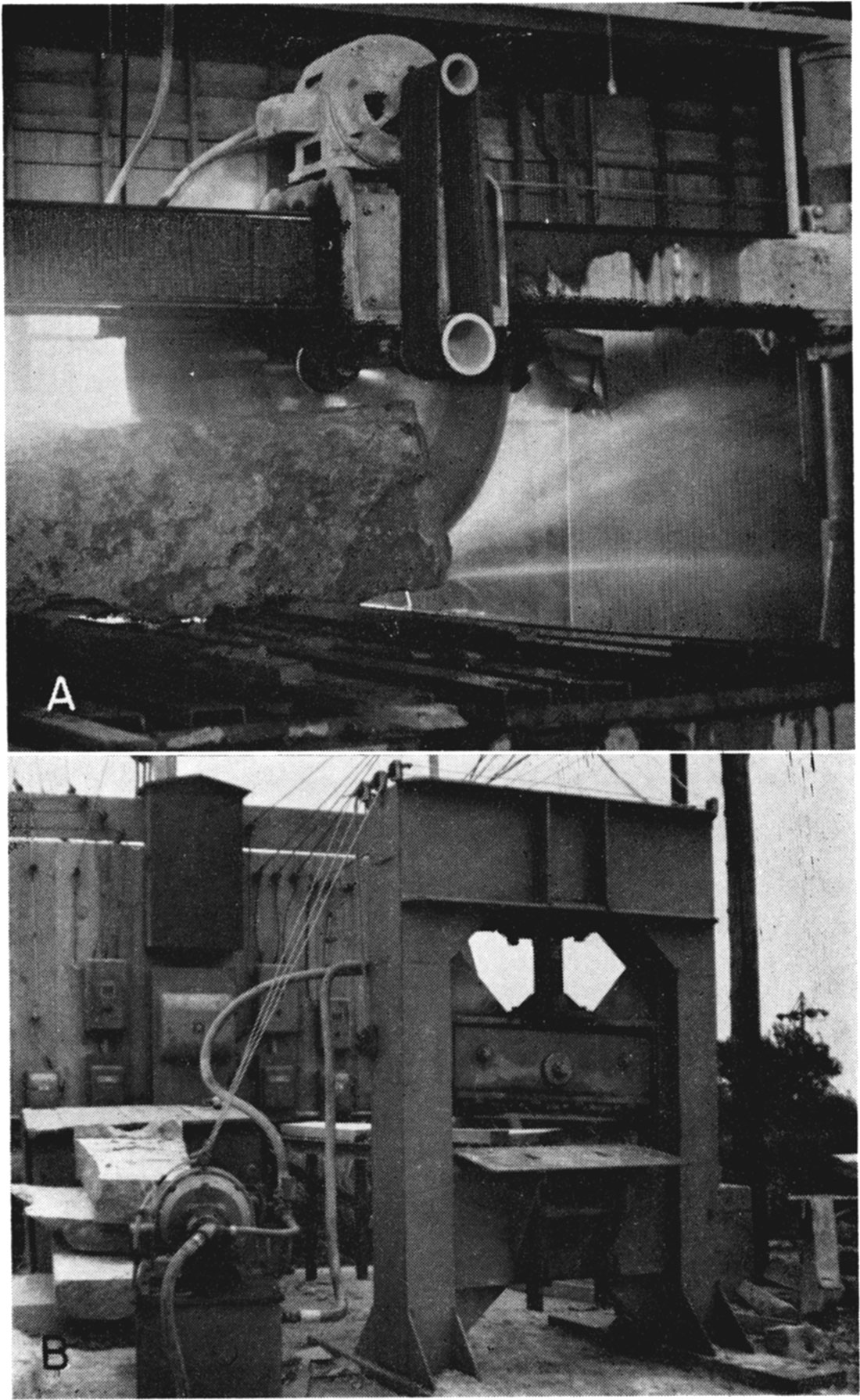 Two black and white photos; top is circular jointing saw, Manhattan Cut Stone Company, Manhattan; bottom is guillotine used for breaking slabs, Ervin Quarry, Cottonwood Falls.