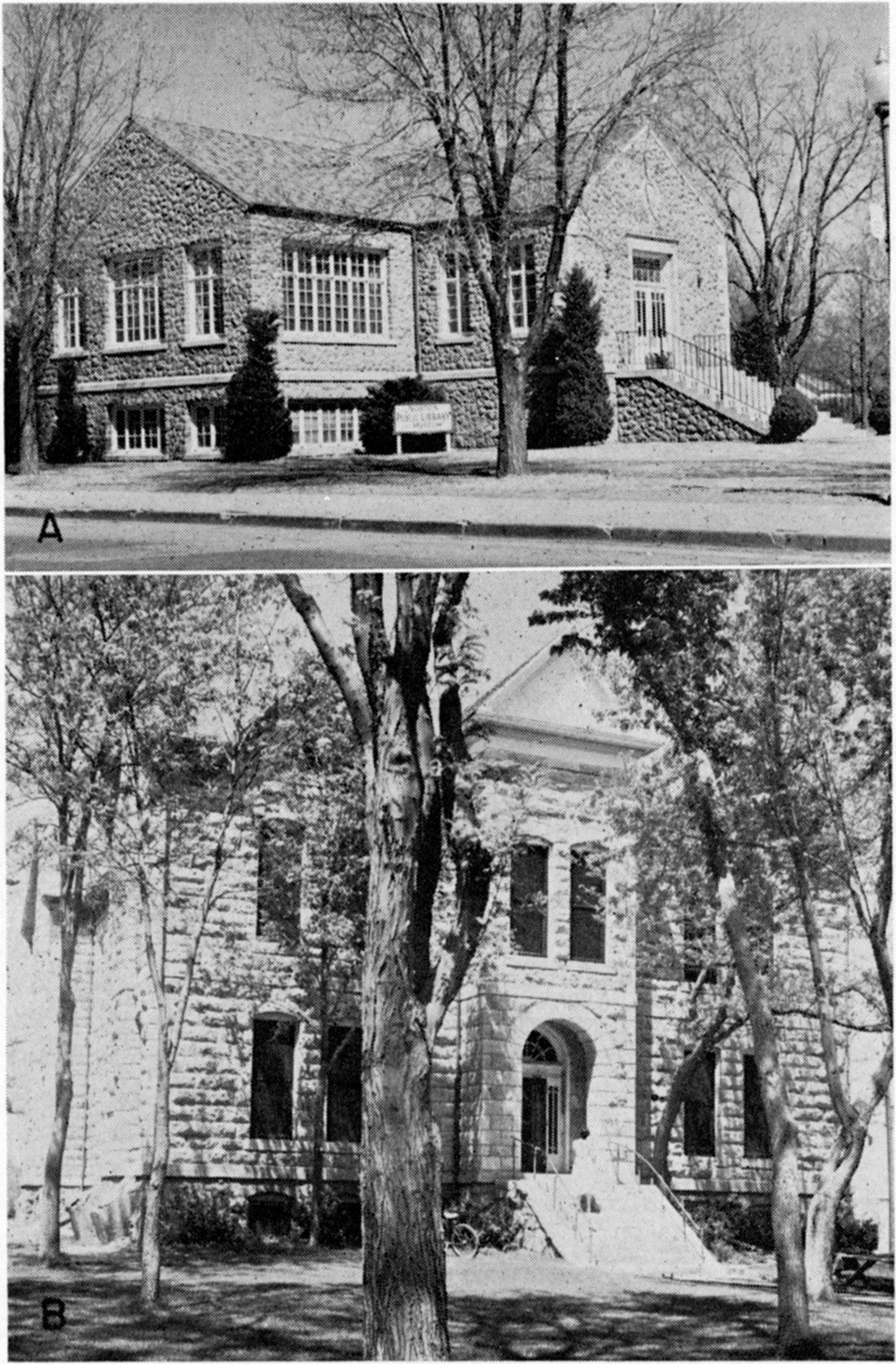 Two black and white photos; top is Norton Public Library and Museum, built of rough opaline sandstone from Ogallala Formation; bottom is Greeley County Court House at Tribune, built of Fort Hays stone.