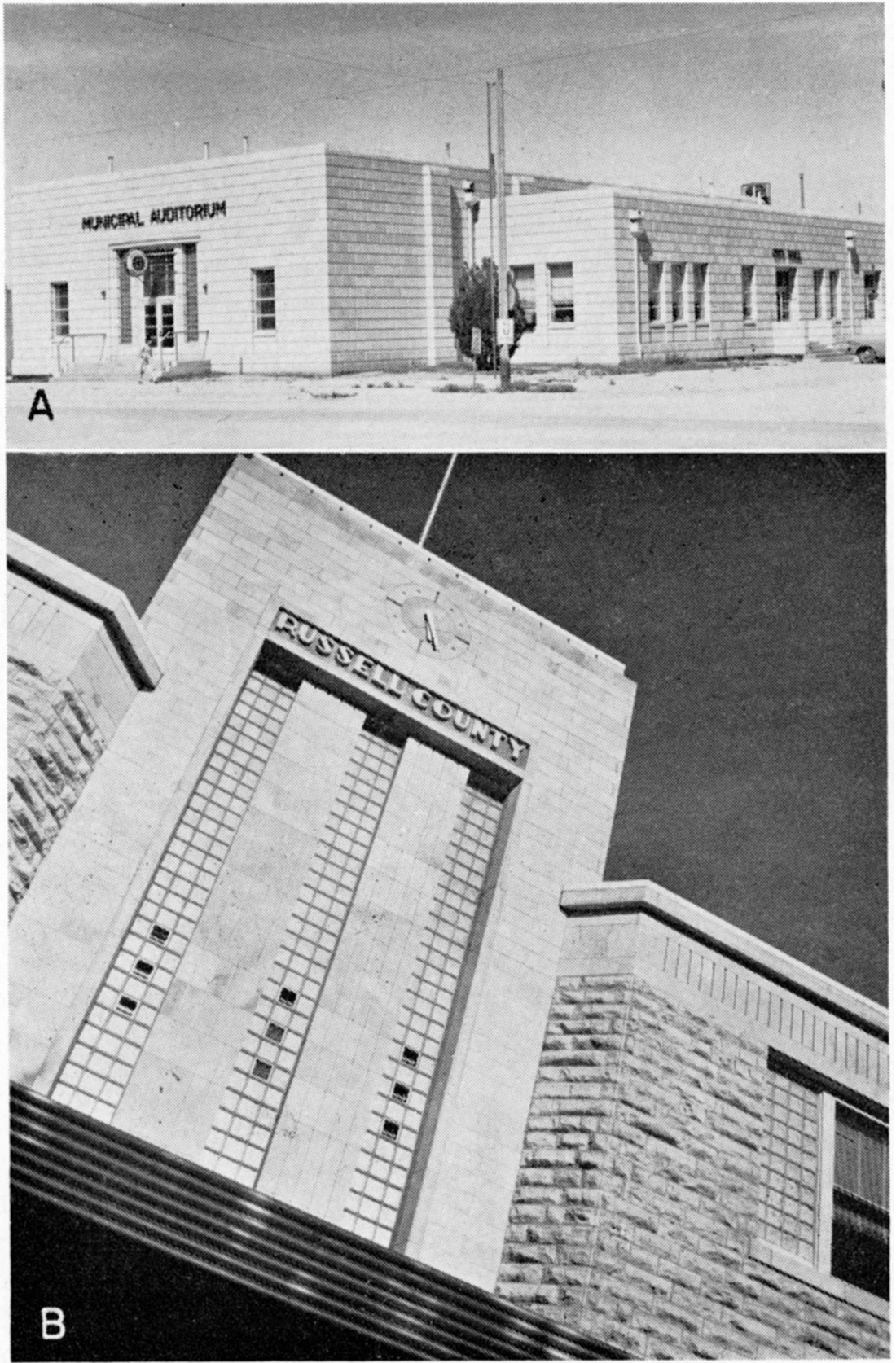 Two black and white photos; top is Municipal Auditorium at Leoti constructed of Smoky Hill cut stone; bottom is Russell County Court House, Fencepost limestone, combining pitch-face ashlar and cut stone.