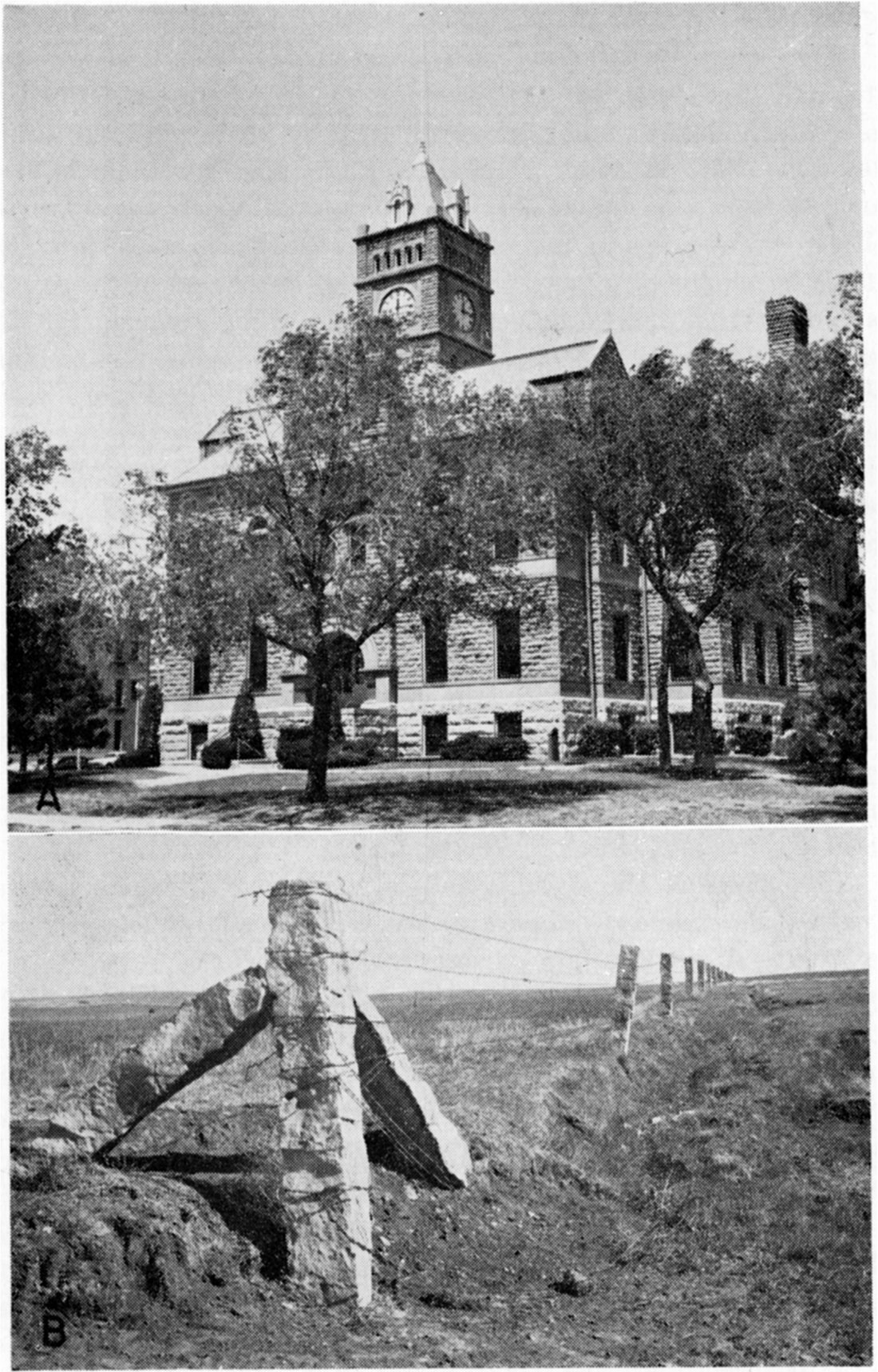 Two black and white photos; top is Fencepost limestone, Mitchell County Court House built at Beloit in 1901; bottom is Fencepost limestone, stone fenceposts, Lincoln County.