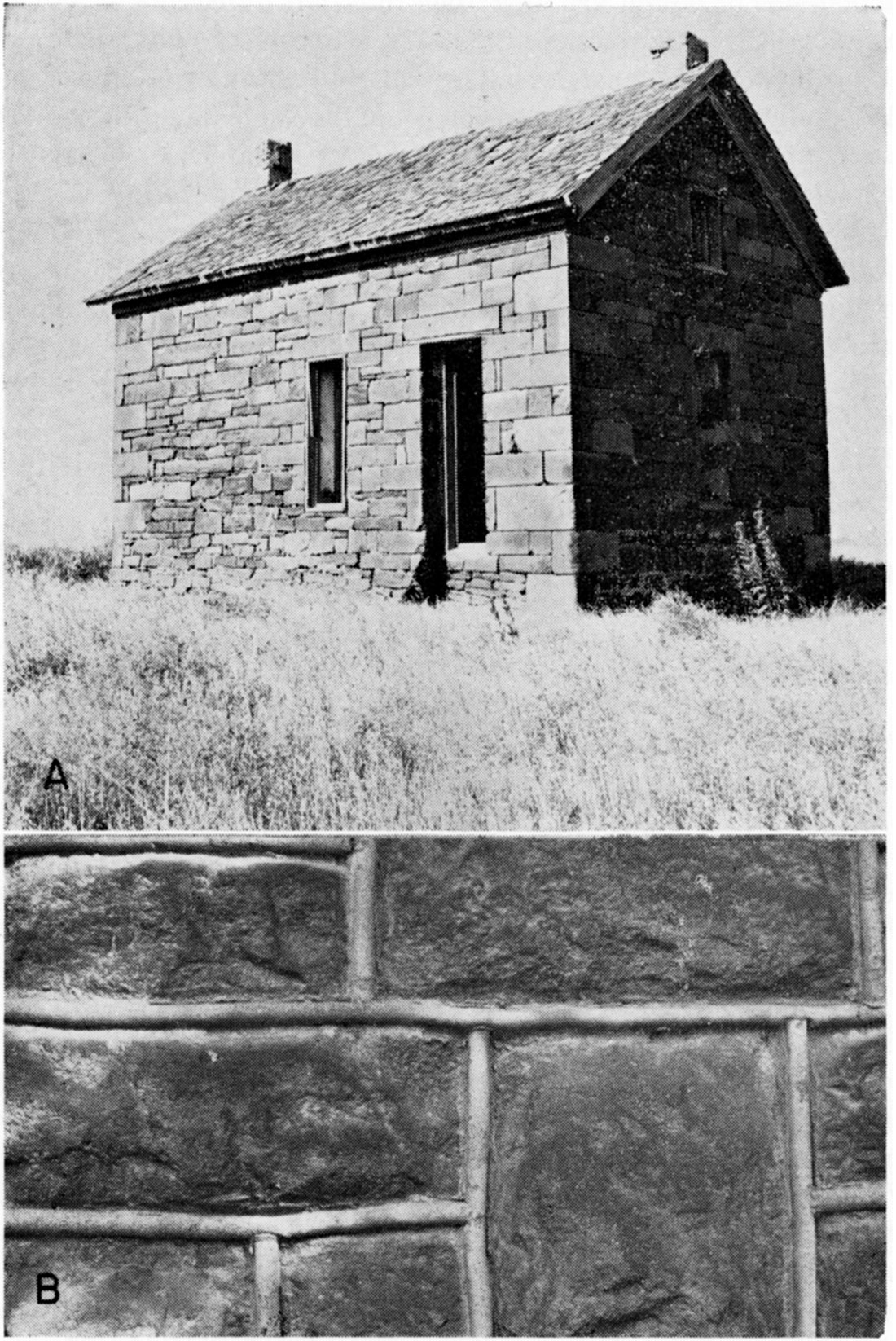 Two black and white photos; top is Dakota Formation, old house in Ellsworth County, constructed of sandstone; bottom is Dakota Formation, sandstone used in the Holy Apostle Episcopal Church, Ellsworth.