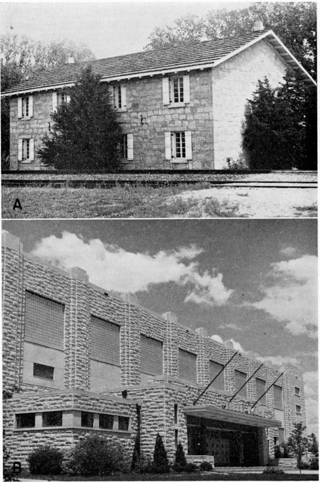 Two black and white photos; top is Fort Riley Limestone, Kansas Territorial Capital at Fort Riley; bottom is Fort Riley Limestone, Field House, Kansas State University, Manhattan.