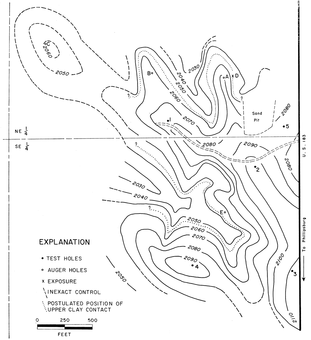 Topographic map of part of sec. 10, T. 1 S., R. 18 W., showing location of exposure, auger holes, and drill holes.
