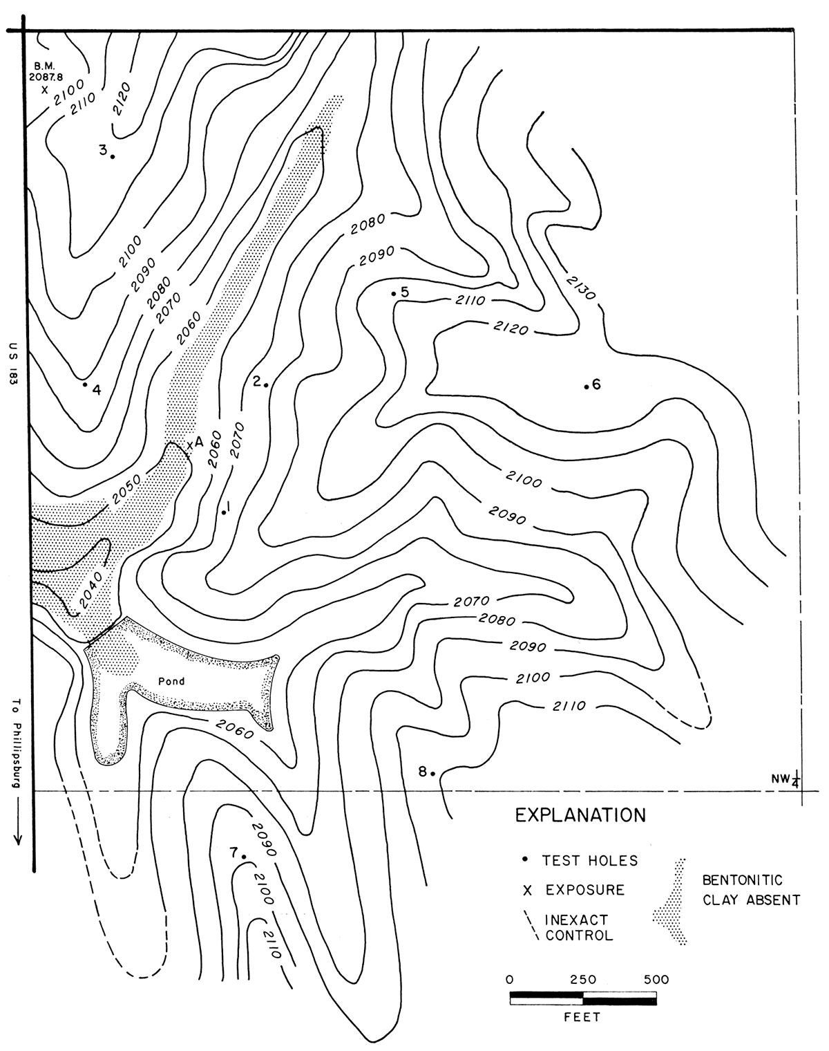 Topographic map of part of sec. 11, T. 1 S., R. 18 W., showing location of exposure and drill holes.