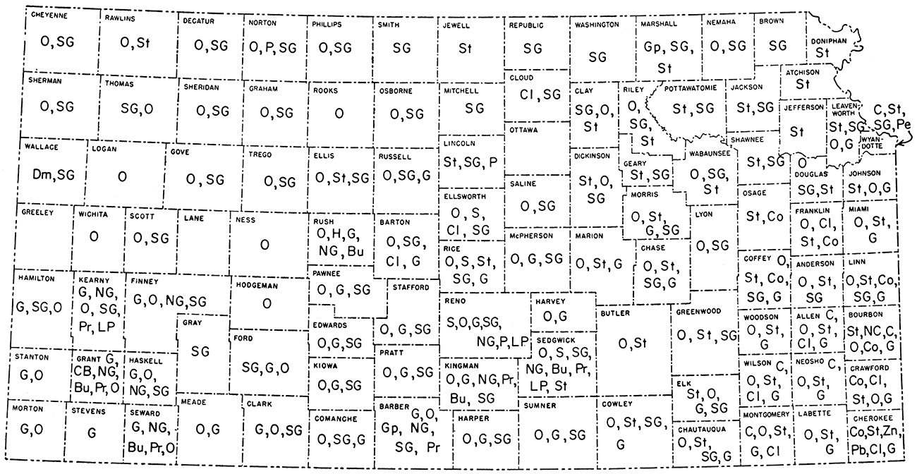 Map of Kansas showing mineral commodities produced in each county in 1958. Minerals are listed in order of value within counties.