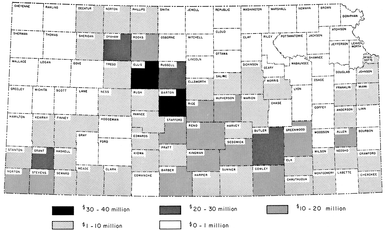 Map of Kansas showing range of value of 1959 mineral production by county.