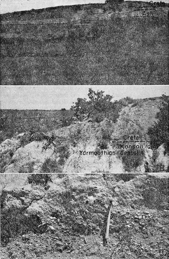 Three black and white photos; top is of Carlile Shale; middle photo is of Crete Formation gravel; bottom is of Sappa Formation.