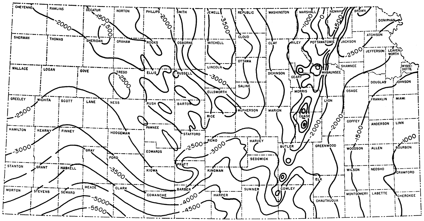 Contour map showing relief of Precambrian surface in Kansas, contour interval 500 feet, sea level datum.