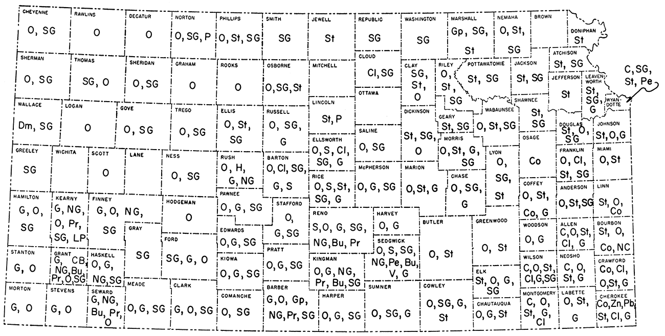 Map of Kansas showing mineral commodities produced in each county in 1960. Minerals are listed in order of value within counties.