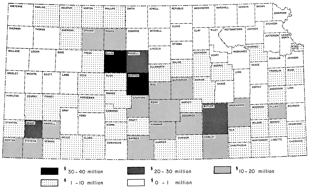 Map of Kansas showing range of value of 1960 mineral production by county.