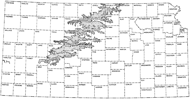 Carlile crops out in band from Washington, Republic, and Jewell to Finney and Hodgeman counties; small part in Hamilton Co.