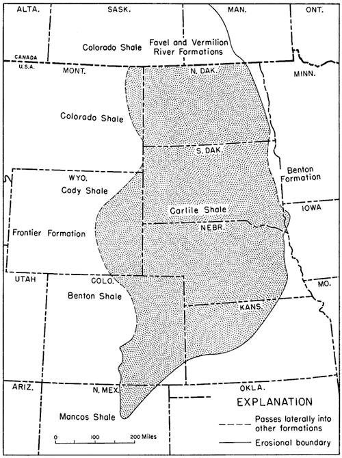 Carlile and similar units range from North Dakota (Favel and Vermillion River Fm) south to New Mexico (Macos Sh).
