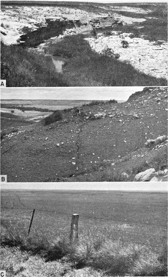 Three black and white photos; top is of small stream with steeply eroded bed; second is of dark cliff with small boulders scattered throughout; third is of grassland, limestone fence and barb-wire fence in foreground.