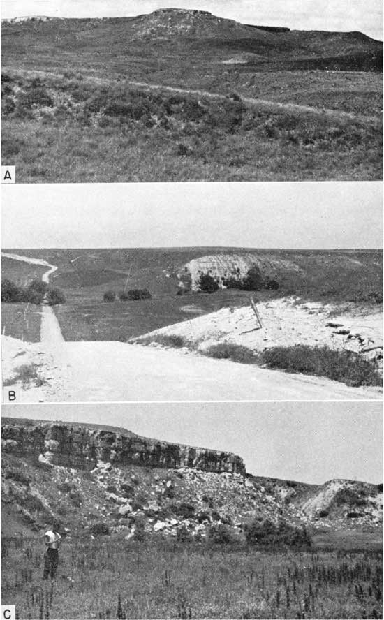Three black and white photos; top is of grassy flat-topped hills; second is of gravel road through hills, rocky hills to right; third is of steeply sided mnesa, thick bed at top.