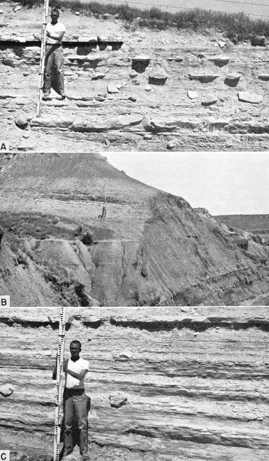 Three black and white photos showing man holding survey marker next to outcrops.