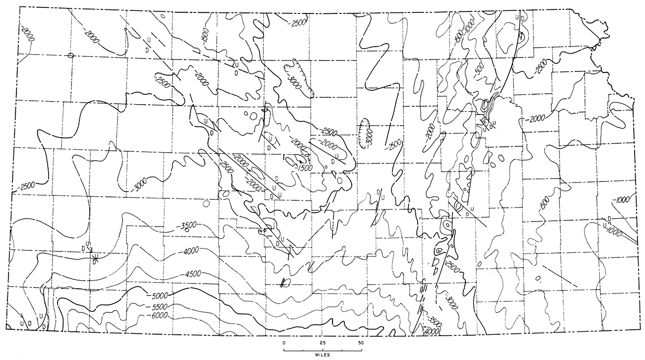 Configuration of surface of Precambrian rocks in Kansas (contour interval--500 feet).