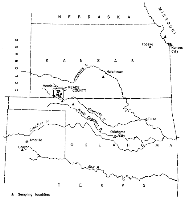 Most samples from Meade Co., one north of Kansas City, one near Hutchinson, one south of Amarillo.